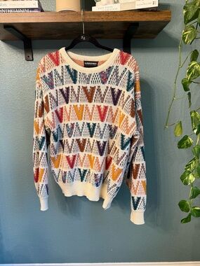 Vintage Patterned Knit Sweater Colorful Grandpa Sweater 90s Crewneck